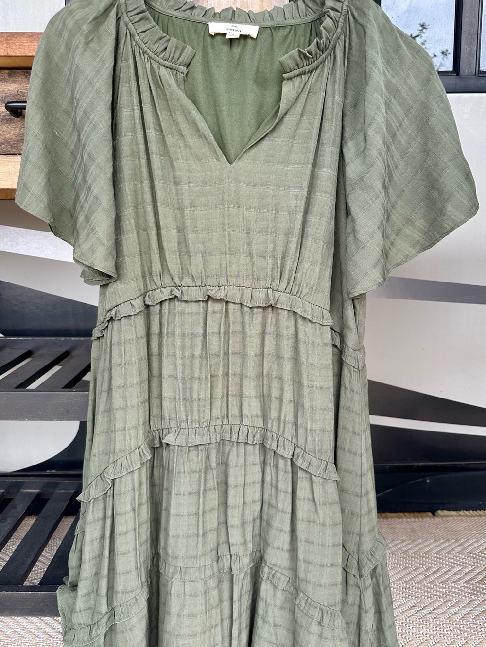 entro Olive Green Tiered Midi Dress with Flutter Sleeves